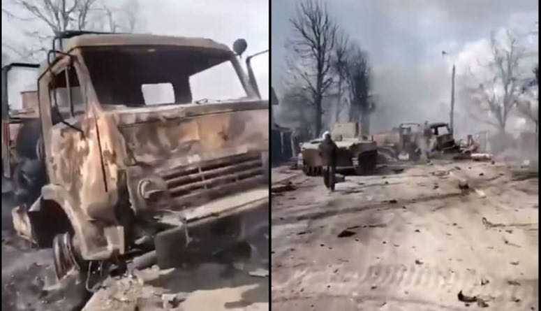 بالفيديو.. مشاهد لآليات روسيّة مدمّرة غرب كييف