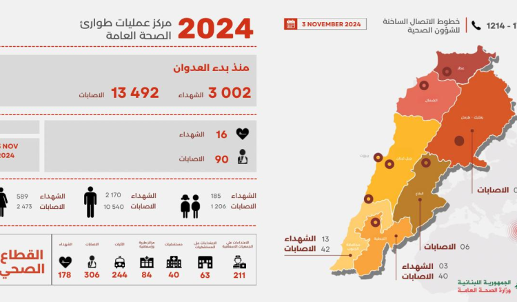 لبنان: ارتفاع حصيلة الشهداء الى 3002 و 13492 جريحا