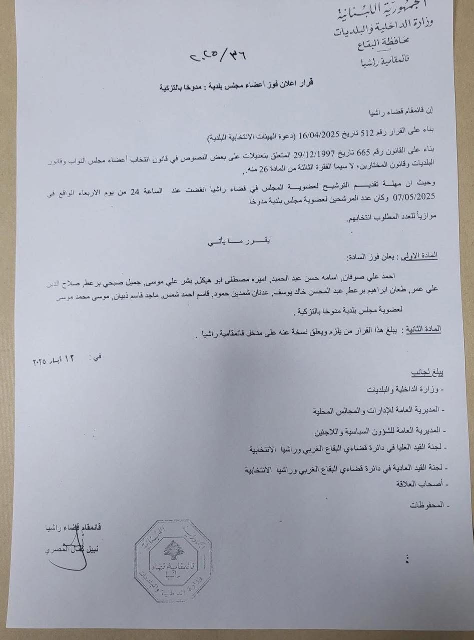 بالصور: فوز بلدية مدوخا - قضاء راشيا ومخاتيرها بالتزكية